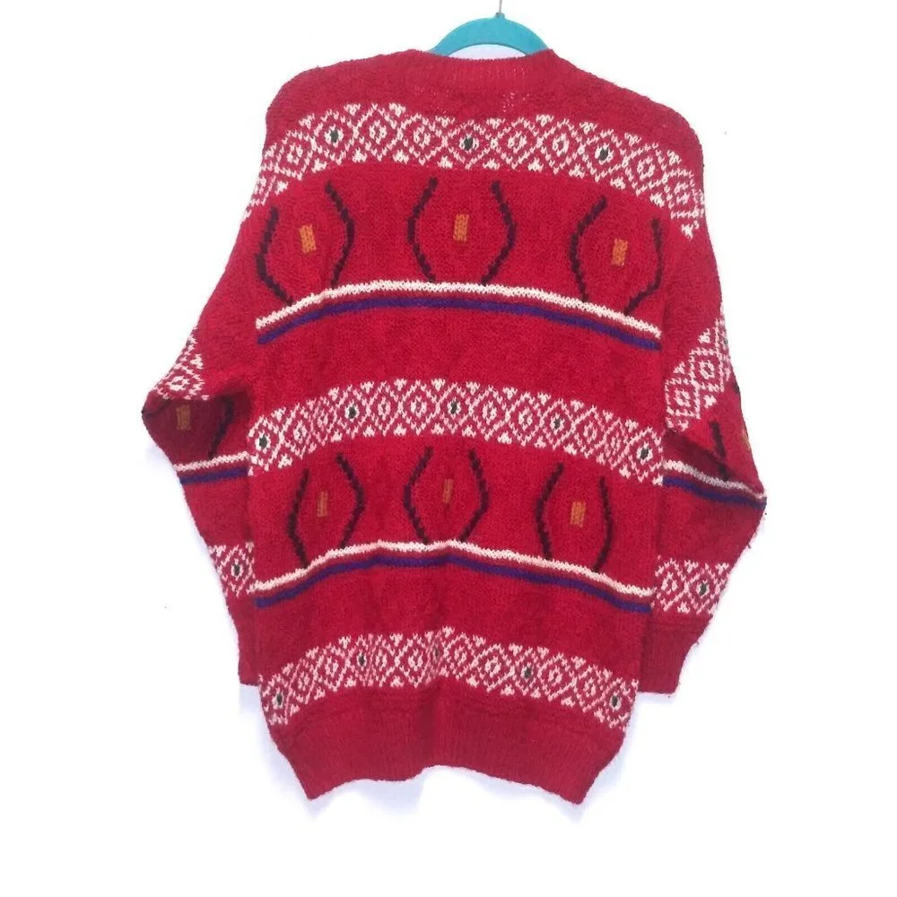 Mark Shale sweater Pure Wool Red pullover geometric print long sleeve bulky cozy